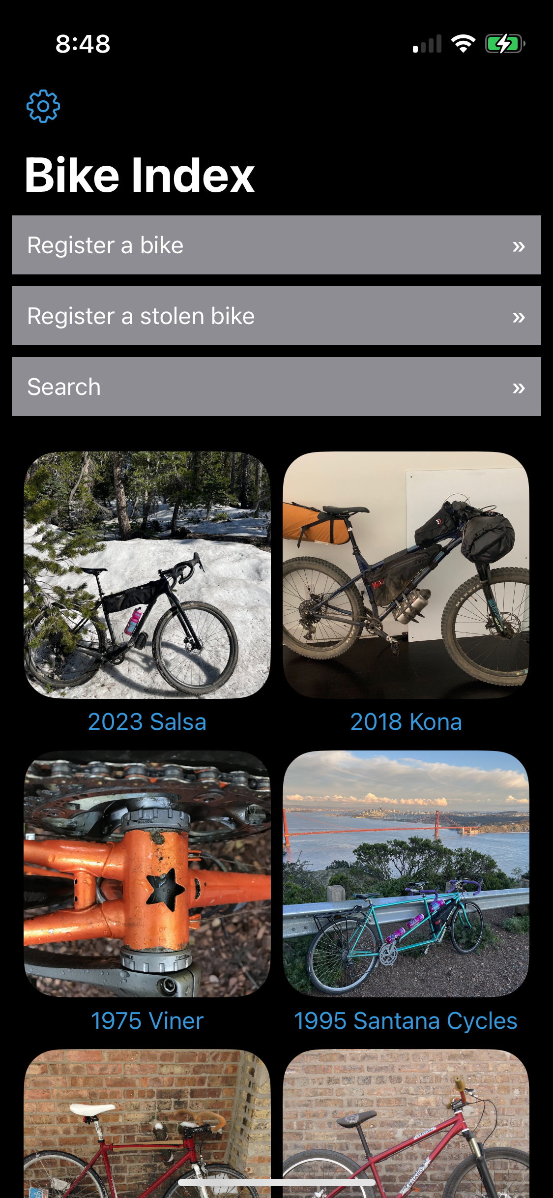 Screenshot of the homescreen for registering a bike