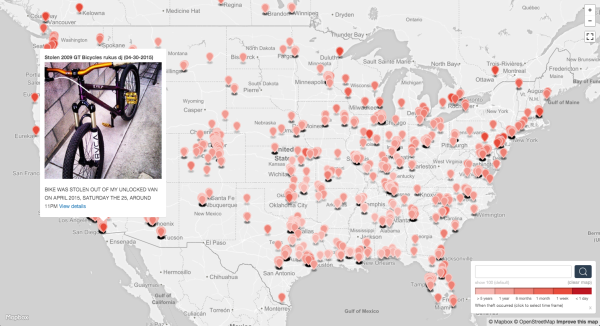 Example display of stolen bikes map - screenshot of map.bikewise.org