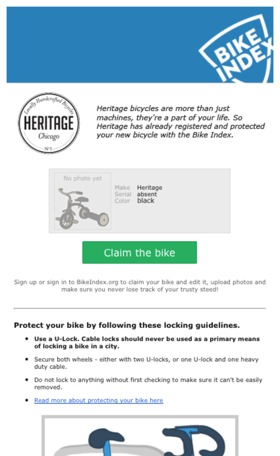 Email sent to new Heritage bike owners by the Bike Index