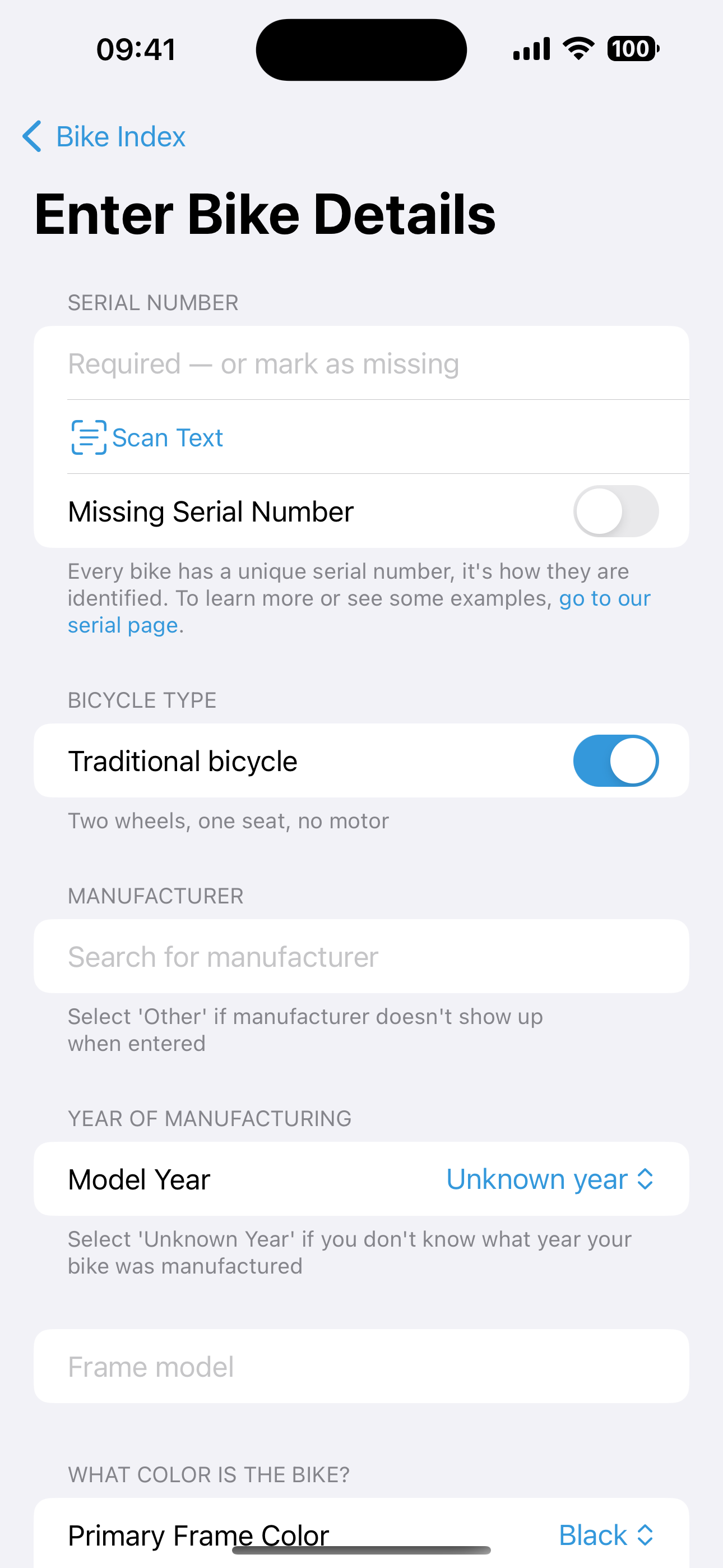 Screenshot of registering a bike in the iOS app